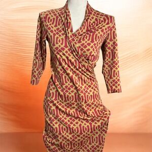 J. Laughlin Wrap Dress Geometric Print 3/4 Sleeve Midi Size XS Career Classic